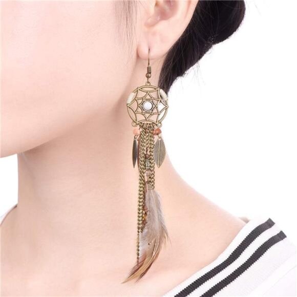 Punk Vintage Long Tassel Feather & Beads Drop Earrings - Wolf Tooth Pendant - Picture 5 of 8